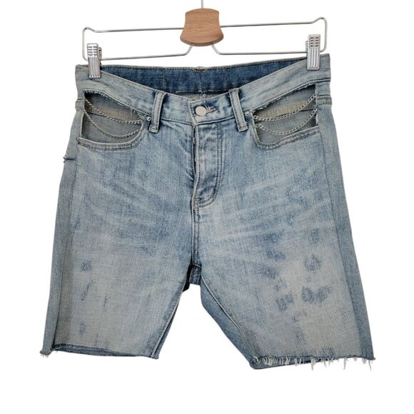 MNML Denim Distressed Button Fly Shorts w/ Chain Detail & Frayed Hem Men's Sz 30 - Picture 1 of 9